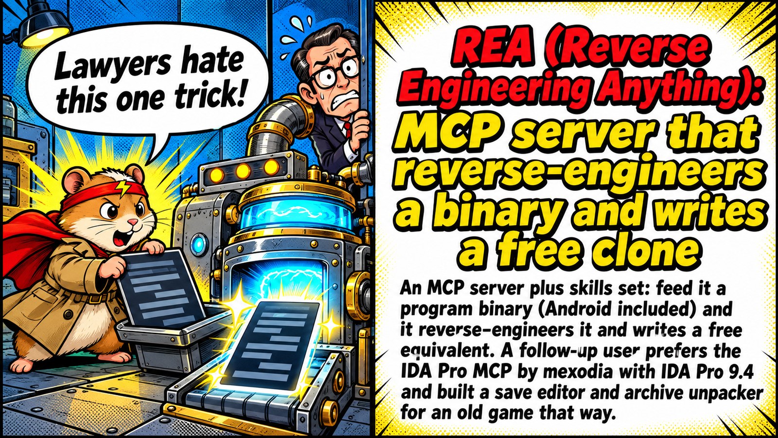 REA (Reverse Engineering Anything): MCP server that reverse-engineers a binary and writes a free clone — 🕵️ Give it a binary, get a FOSS clone back. Lawyers hate this one trick ⚖️🔥