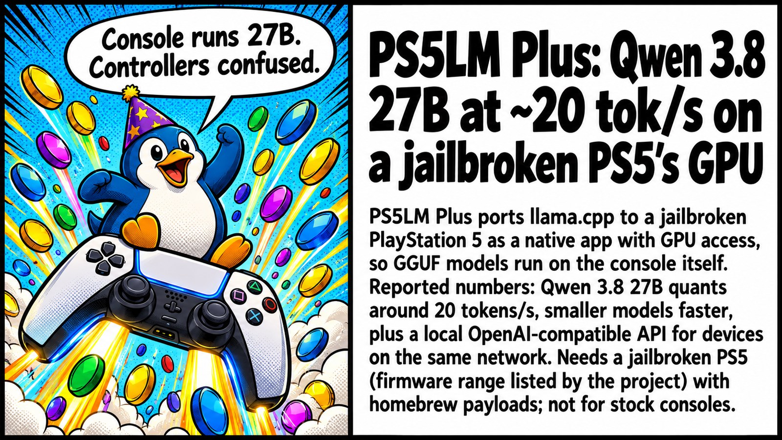 PS5LM Plus: Qwen 3.8 27B at ~20 tok/s on a jailbroken PS5's GPU PS5LM Plus: Qwen 3.8 27B at ~20 tok/s on a jailbroken PS5's GPU โ ๐ฎ Your PS5 just became a 27B inference box. Jailbreak tax applies ๐
