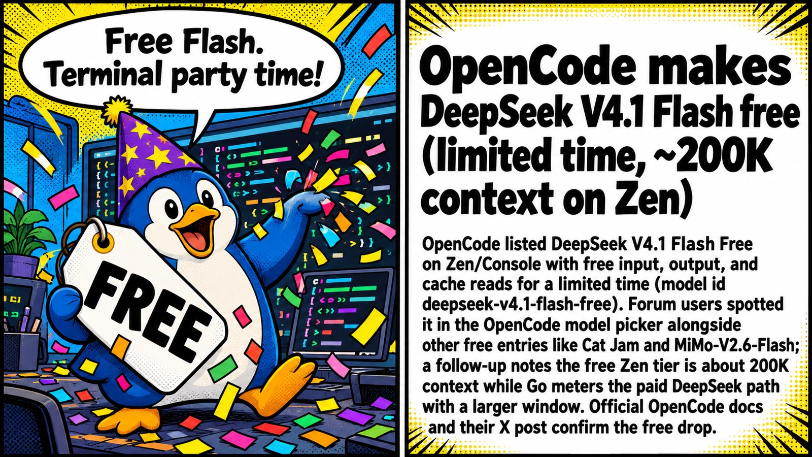 OpenCode makes DeepSeek V4.1 Flash free (limited time, ~200K context on Zen) OpenCode makes DeepSeek V4.1 Flash free (limited time, ~200K context on Zen) โ ๐ธ DeepSeek V4.1 Flash went freemium on OpenCode. Grab it before the "limited time" ends ๐โโ๏ธ
