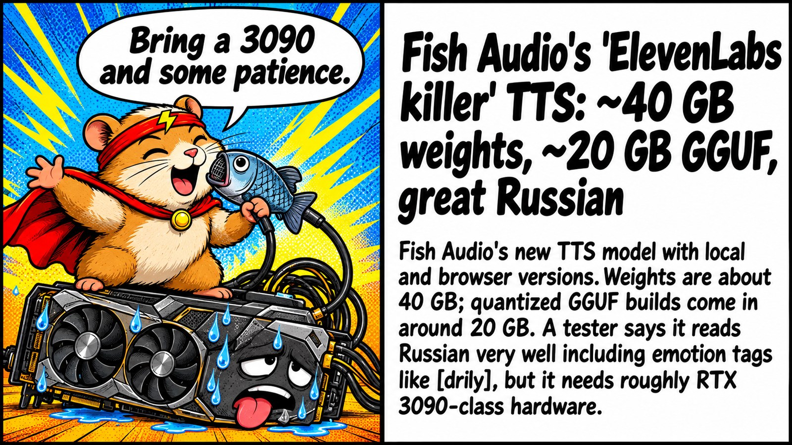 Fish Audio's 'ElevenLabs killer' TTS: ~40 GB weights, ~20 GB GGUF, great Russian Fish Audio's 'ElevenLabs killer' TTS: ~40 GB weights, ~20 GB GGUF, great Russian โ ๐๏ธ 'ElevenLabs killer' that actually nails emotion tags. Bring a 3090 and some patience, local voice bros ๐