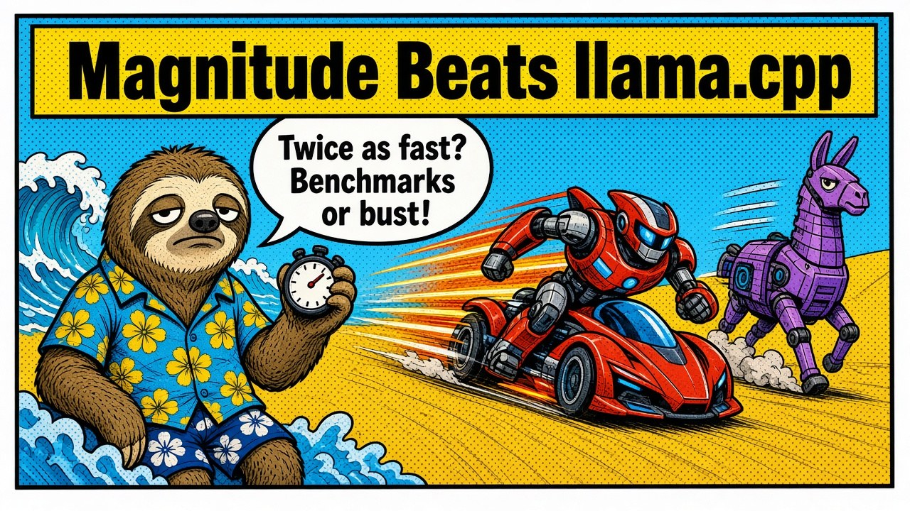 Magnitude: inference 2x faster than llama.cpp Magnitude: inference 2x faster than llama.cpp โ โก 2x llama.cpp? Benchmarks or it didn't happen ๐