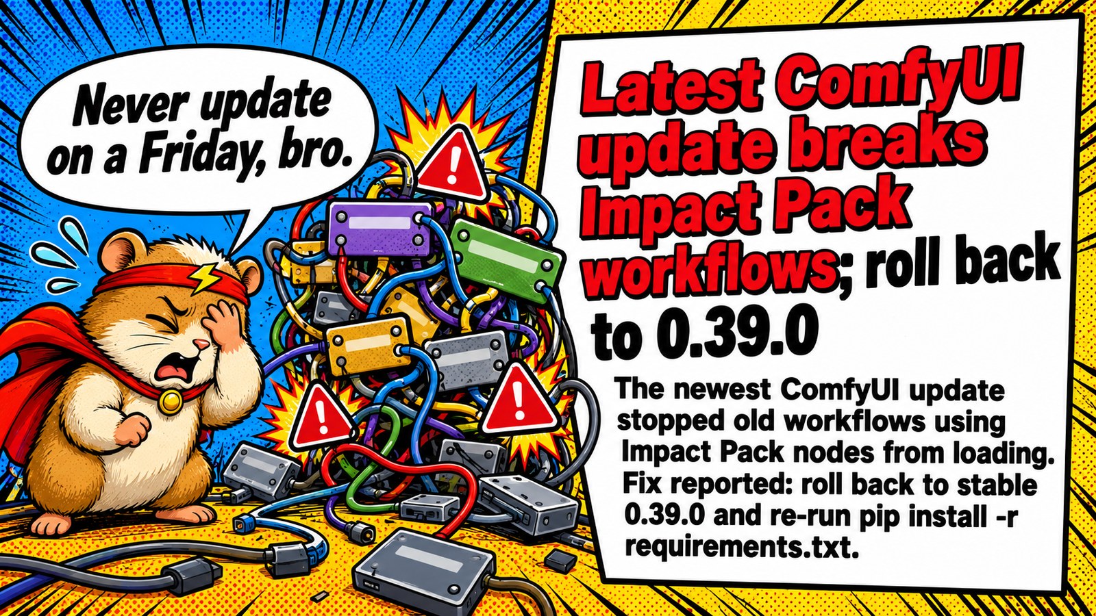 Latest ComfyUI update breaks Impact Pack workflows; roll back to 0.39.0 Latest ComfyUI update breaks Impact Pack workflows; roll back to 0.39.0 โ ๐งฏ ComfyUI update ate your Impact Pack workflows? Pin 0.39.0, reinstall reqs. Never update on a Friday ๐
