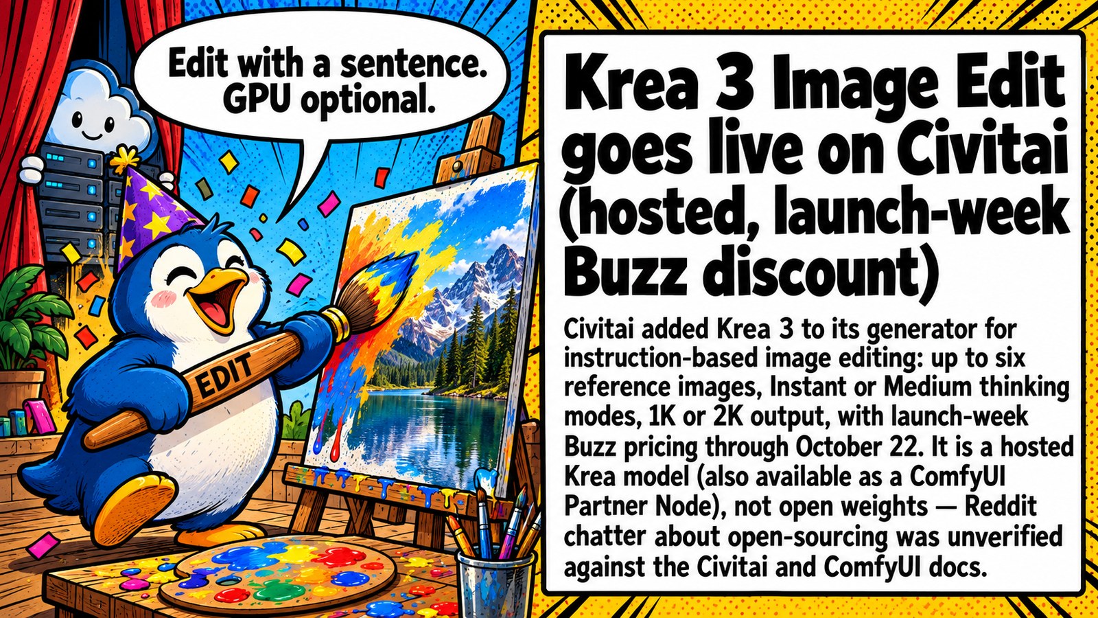 Krea 3 Image Edit goes live on Civitai (hosted, launch-week Buzz discount) Krea 3 Image Edit goes live on Civitai (hosted, launch-week Buzz discount) โ ๐๏ธ Sentence-edit your pics on Civitai. Hosted only โ weights stay behind the curtain ๐ช