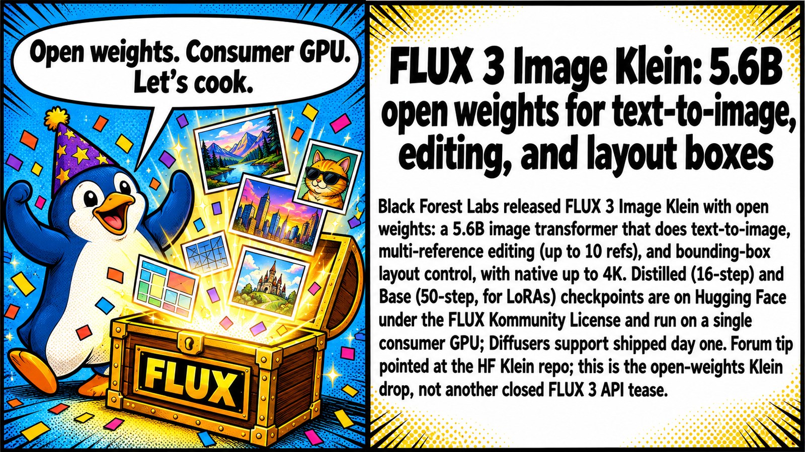 FLUX 3 Image Klein: 5.6B open weights for text-to-image, editing, and layout boxes FLUX 3 Image Klein: 5.6B open weights for text-to-image, editing, and layout boxes โ ๐จ Finally, FLUX 3 you can actually download. 5.6B, open weights, layout boxes โ localbros rejoice ๐ฅ